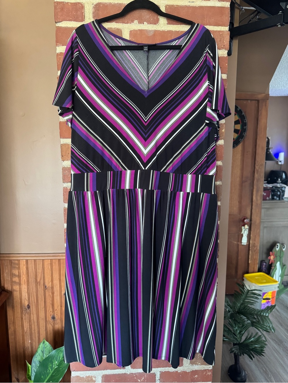 Lane Bryant Black, Purple & White Striped V-Neck Midi Dress